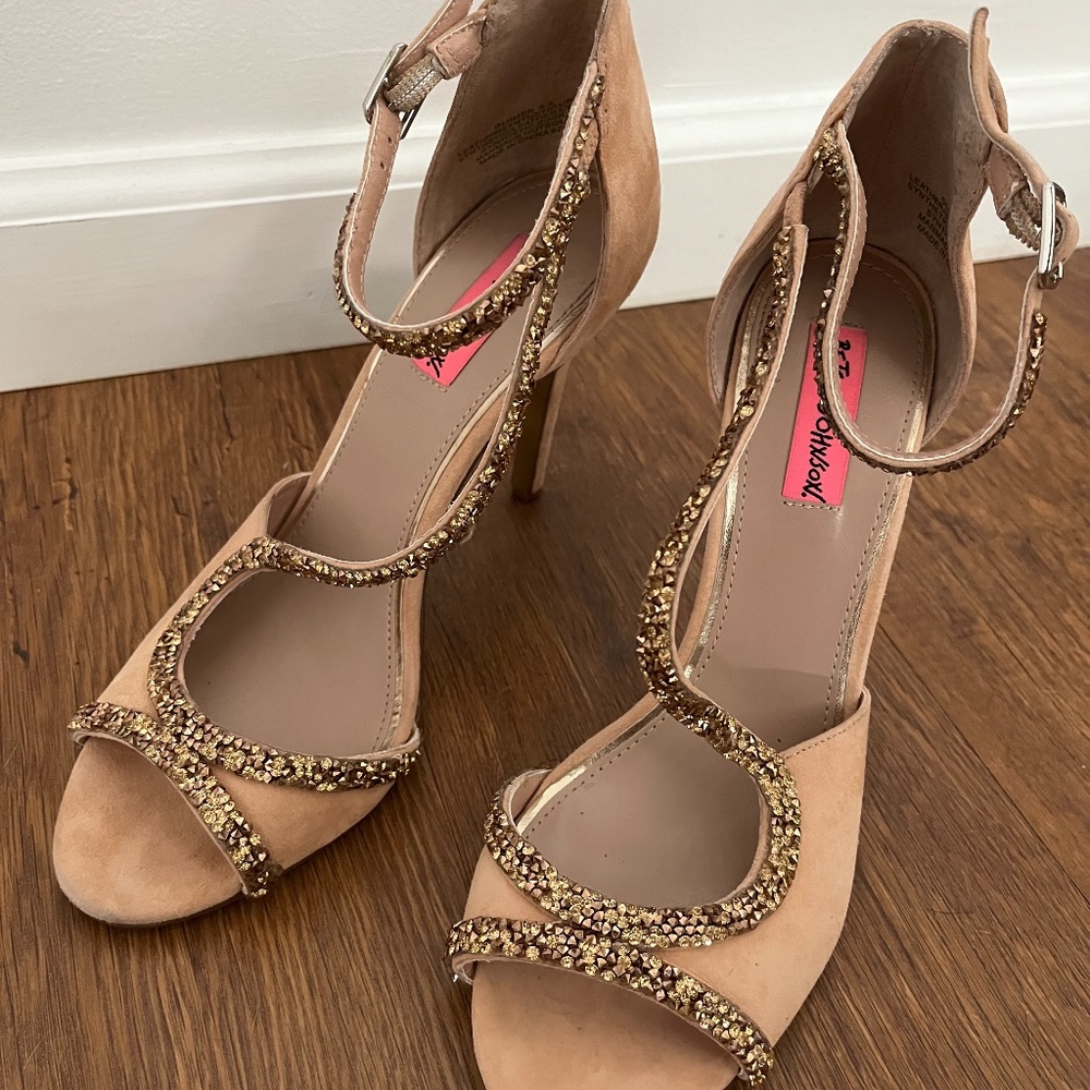 Betsey Johnson Peep-Toe Jeweled Cross-Strap Stiletto Heels